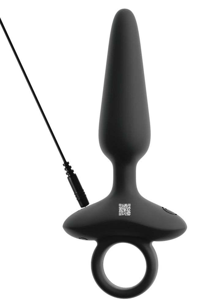 ANOS flexibler Analplug in Schwarz – aufrechte Produktansicht mit breiter Basis, Ringgriff und angeschlossenem Ladekabel