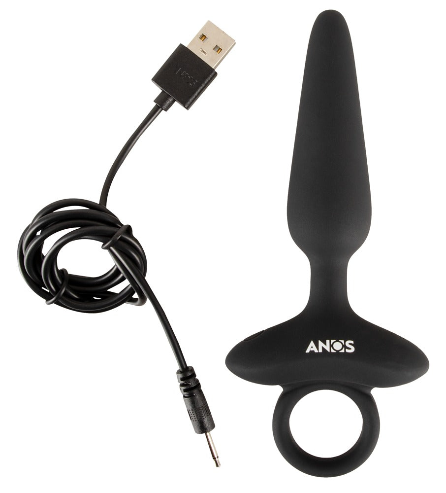 ANOS flexibler Analplug in Schwarz – Produktansicht mit Ringgriff und Ladekabel als Lieferumfang