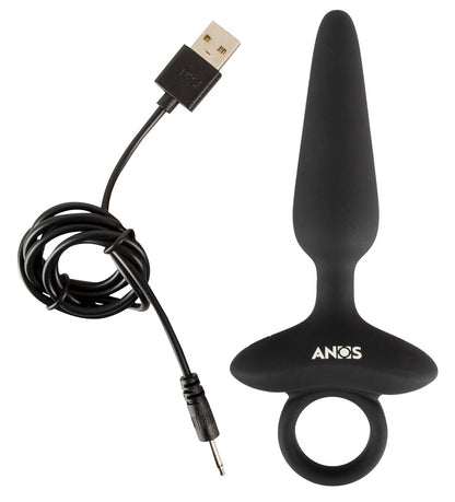 ANOS flexibler Analplug in Schwarz – Produktansicht mit Ringgriff und Ladekabel als Lieferumfang