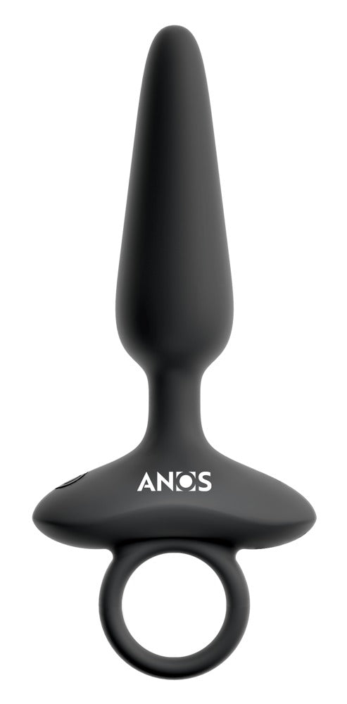 ANOS flexibler Analplug in Schwarz – große Produktansicht mit schlanker konischer Form, breiter Basis und Ringgriff