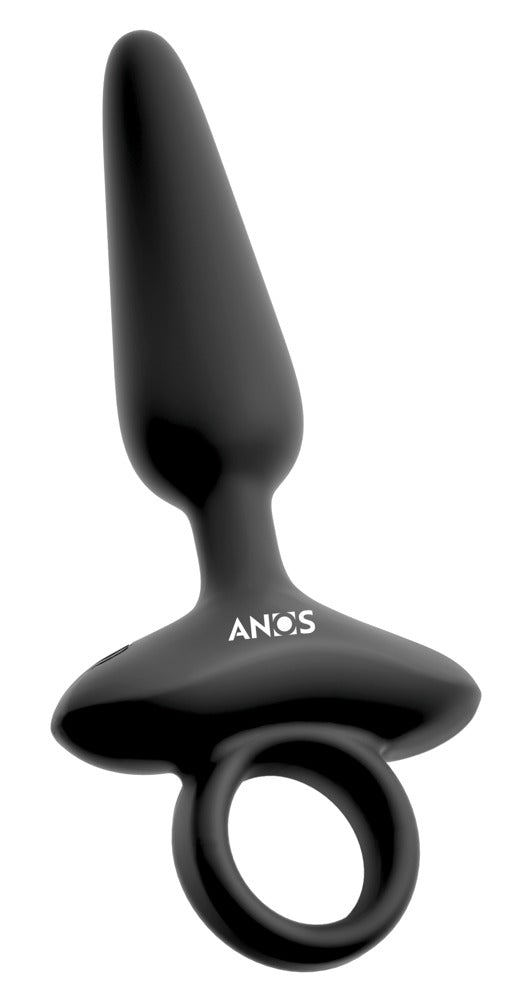 ANOS flexibler Analplug in Schwarz – Seitenansicht mit schlanker Spitze, geschwungener Basis und Ringgriff