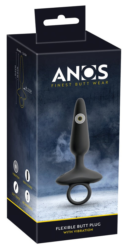 ANOS flexibler Analplug mit 10 Vibrationsmodi – Produktansicht zusammen mit der schwarzen ANOS Verpackung