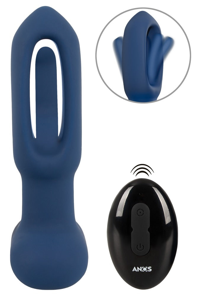ANOS Flicking Tongue Analplug in Dunkelblau – Produktübersicht mit Fernbedienung und Detailansicht der beweglichen Stimulationszungen