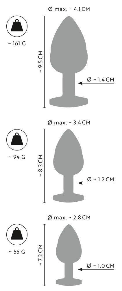 ANOS Metall-Analplug-Set für Training und Temperaturspiele – Informationsgrafik mit den drei unterschiedlichen Plug-Größen