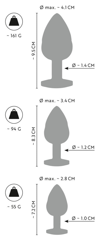 ANOS Metall-Analplug-Set für Training und Temperaturspiele – Informationsgrafik mit den drei unterschiedlichen Plug-Größen