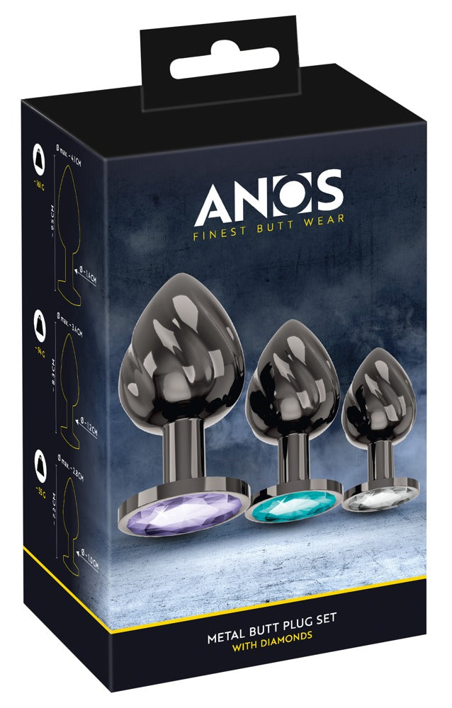 ANOS Metall-Analplug-Set für Training und Temperaturspiele – drei Metallplugs zusammen mit der schwarzen ANOS Verpackung