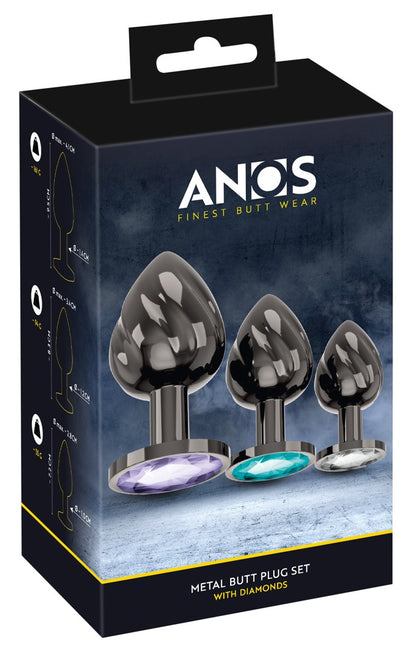 ANOS Metall-Analplug-Set für Training und Temperaturspiele – drei Metallplugs zusammen mit der schwarzen ANOS Verpackung