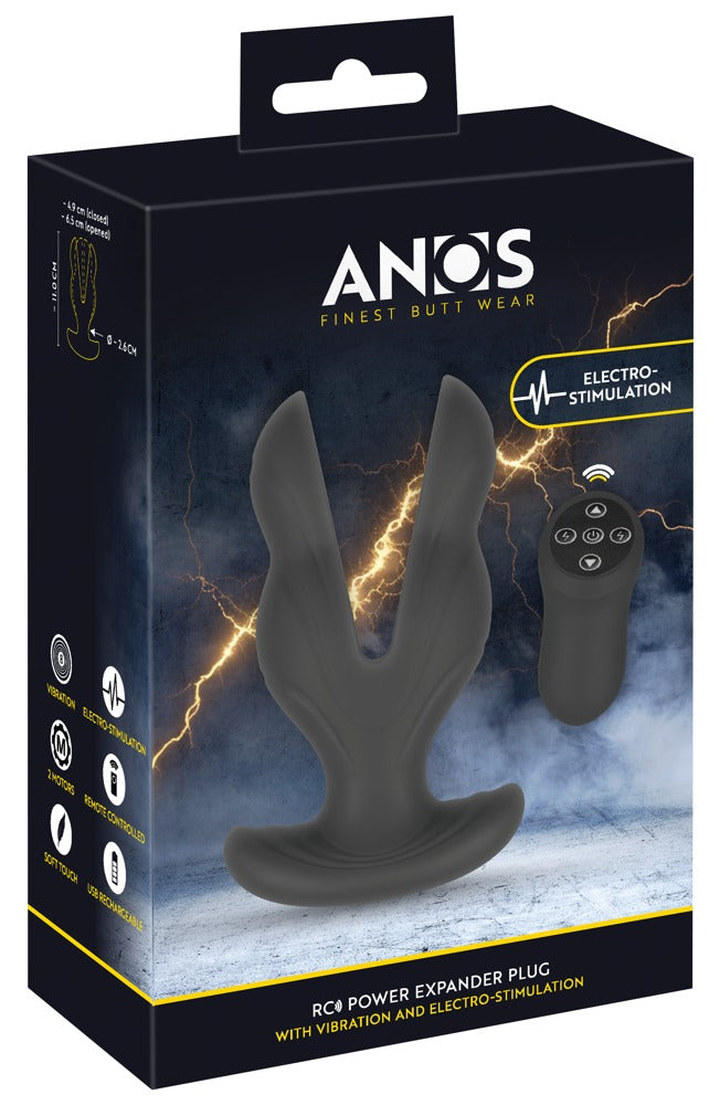 ANOS Power Expander mit E-Stim und Dual-Vibration – Produktansicht zusammen mit der schwarzen ANOS Verpackung