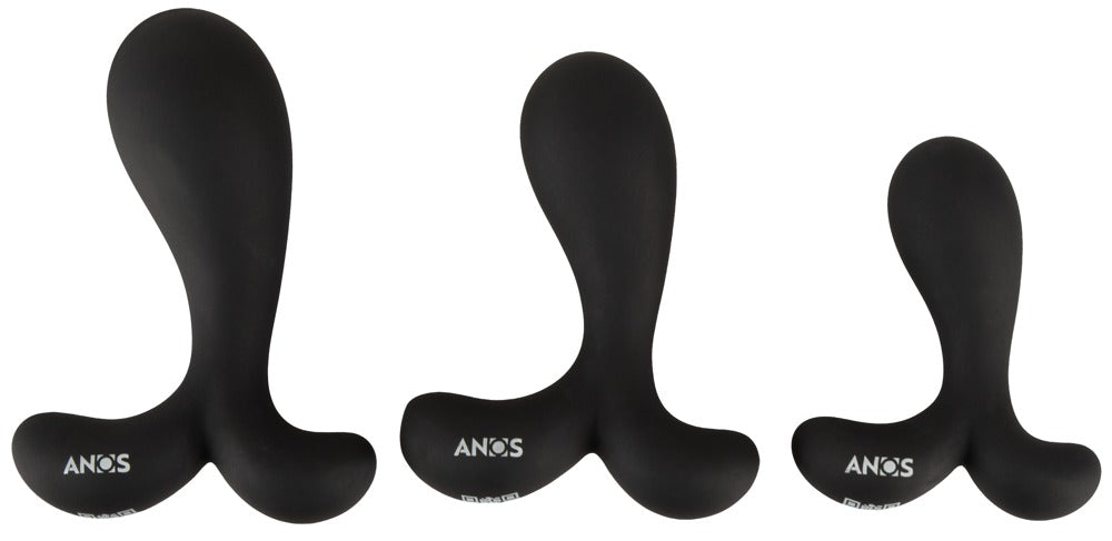 ANOS Prostata-Analplug-Set – drei schwarze Prostata-Analplugs in unterschiedlichen Größen mit breiter Basis in Frontansicht