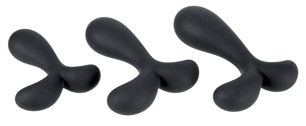 ANOS Prostata-Analplug-Set – drei schwarze Prostata-Analplugs in unterschiedlichen Größen und seitlicher Produktansicht