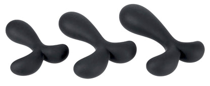 ANOS Prostata-Analplug-Set – drei schwarze Prostata-Analplugs in unterschiedlichen Größen und seitlicher Produktansicht