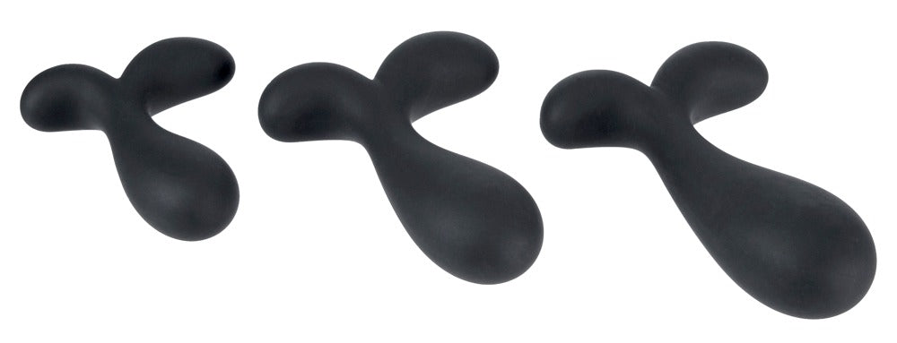 ANOS Prostata-Analplug-Set in Schwarz – drei unterschiedlich große Analplugs mit geschwungener Form in weiterer Seitenansicht