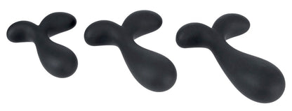 ANOS Prostata-Analplug-Set in Schwarz – drei unterschiedlich große Analplugs mit geschwungener Form in weiterer Seitenansicht