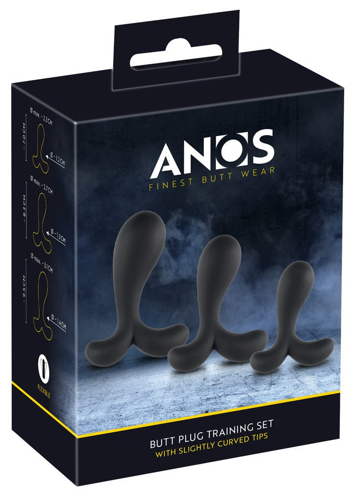 ANOS Prostata-Analplug-Set für sanftes Training – drei schwarze Prostata-Analplugs zusammen mit der schwarzen ANOS Verpackung