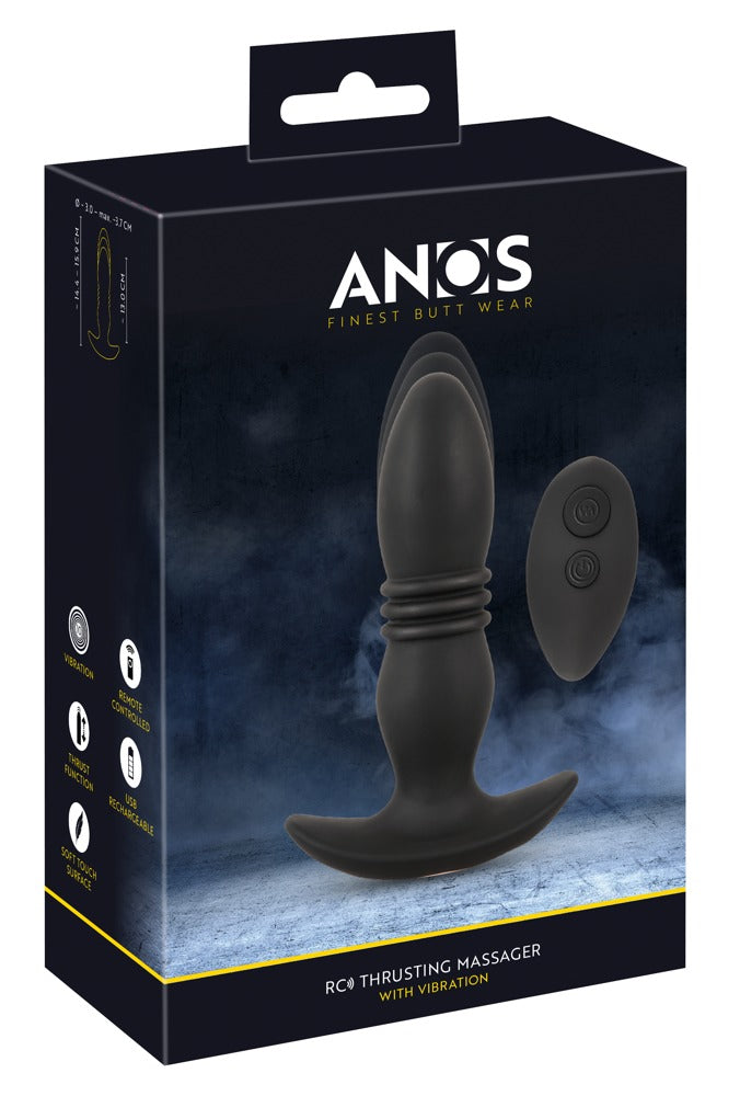 ANOS Prostata-Massager mit Stoßfunktion und Vibration – Produktansicht zusammen mit der schwarzen ANOS Verpackung