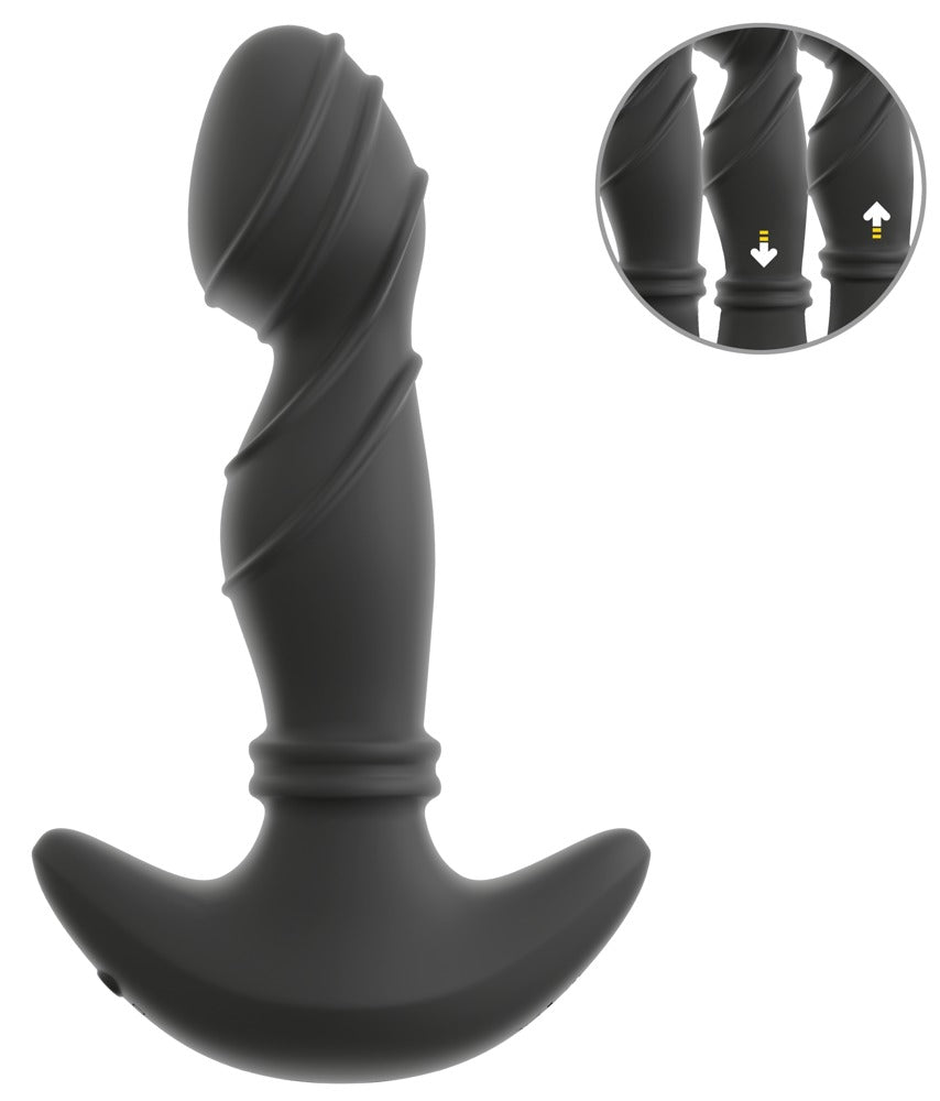 ANOS Prostata-Vibrator in Schwarz – große Produktansicht mit strukturierter Spiralform, breiter Basis und Detailansicht der Oberfläche