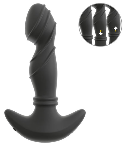 ANOS Prostata-Vibrator in Schwarz – große Produktansicht mit strukturierter Spiralform, breiter Basis und Detailansicht der Oberfläche