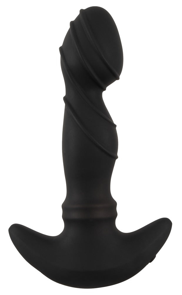 ANOS Prostata-Vibrator in Schwarz – schräge Produktansicht mit strukturierter Spiralform und geschwungener Basis