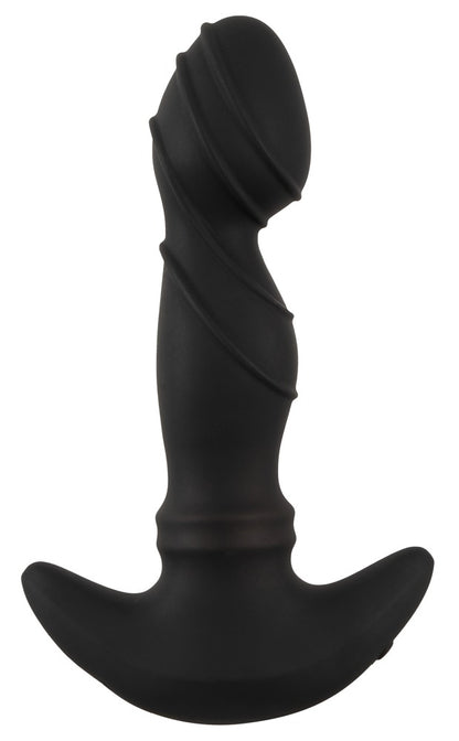 ANOS Prostata-Vibrator in Schwarz – schräge Produktansicht mit strukturierter Spiralform und geschwungener Basis