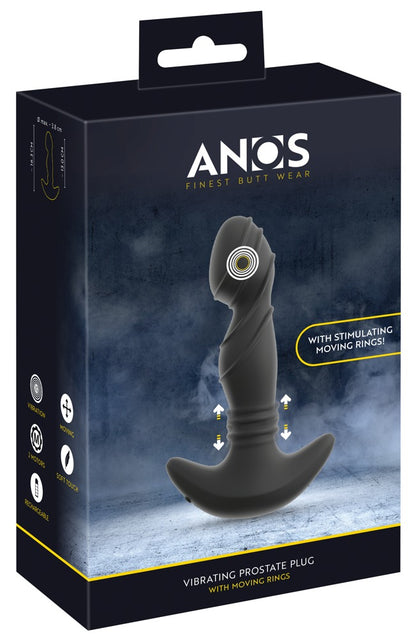 ANOS Prostata-Vibrator mit Rimming-Massage – Produktansicht zusammen mit der schwarzen ANOS Verpackung