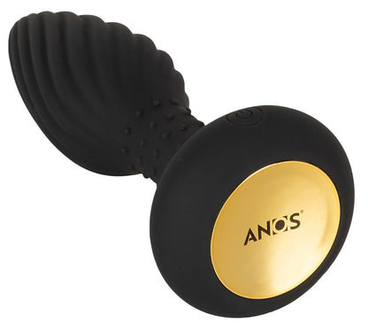 ANOS rotierender Analplug in Schwarz – schräge Produktansicht mit strukturierter Oberfläche und goldfarbener Unterseite der Basis
