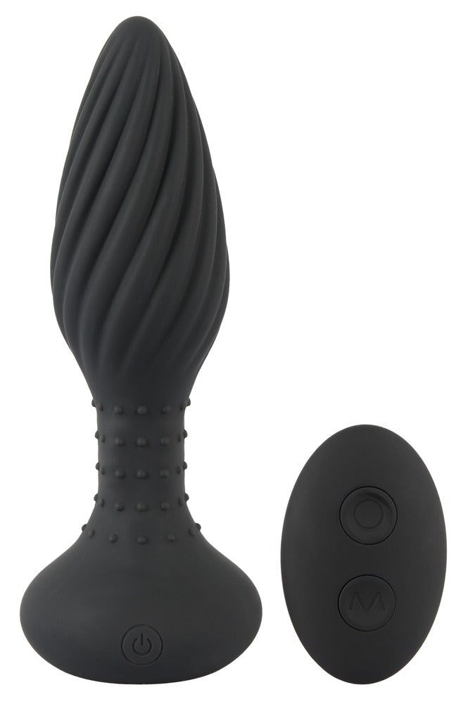 ANOS rotierender Analplug in Schwarz – Produktübersicht mit spiralförmig strukturierter Oberfläche, breiter Basis und ovaler Remote