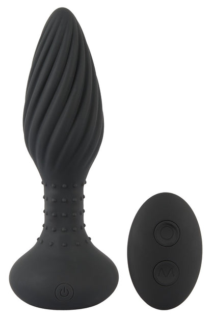 ANOS rotierender Analplug in Schwarz – Produktübersicht mit spiralförmig strukturierter Oberfläche, breiter Basis und ovaler Remote