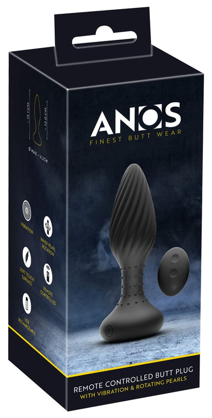 ANOS rotierender Analplug mit Vibration und Remote – Produktansicht zusammen mit der schwarzen ANOS Verpackung