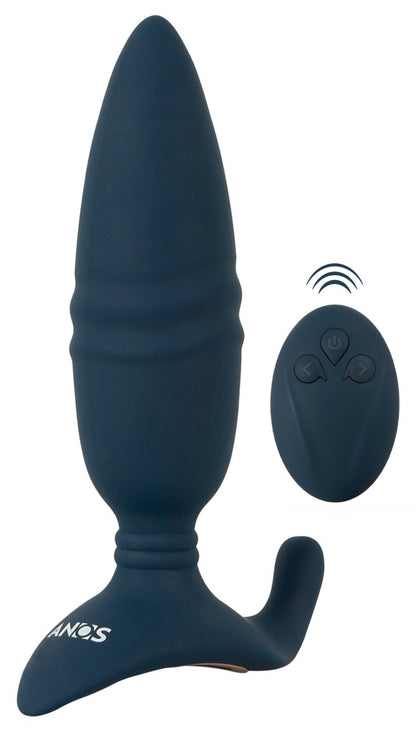 ANOS Thrusting Analplug in Dunkelblau – Produktübersicht mit strukturierter Form, gebogenem Außen-Stimulator und Fernbedienung