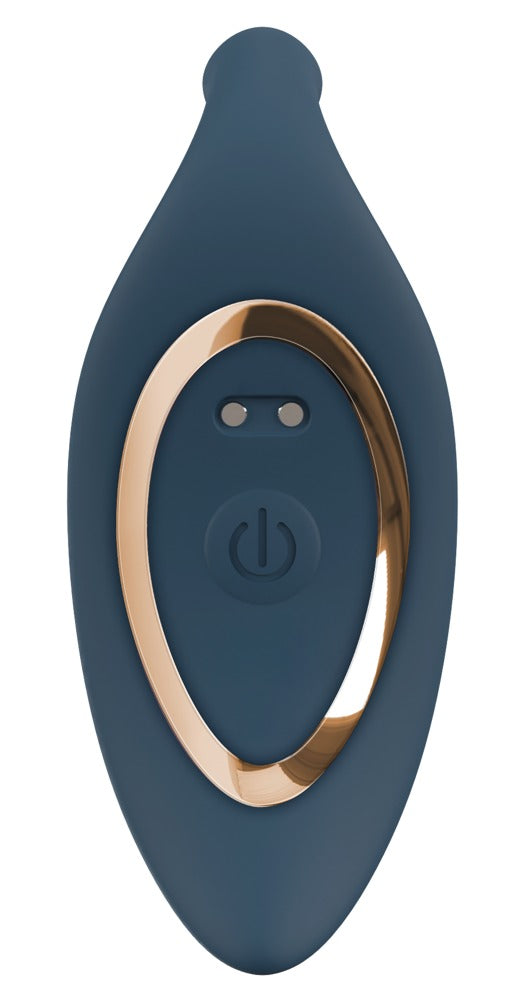 ANOS Thrusting Analplug – schwarze ovale Fernbedienung mit Bedienelementen und goldfarbenem Rand