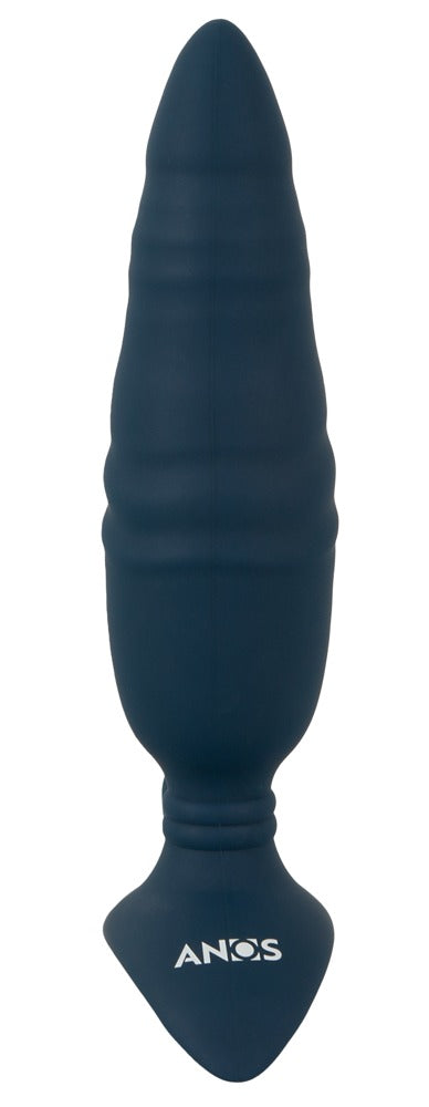 ANOS Thrusting Analplug in Dunkelblau – Rückansicht mit länglicher strukturierter Form und breiter Basis