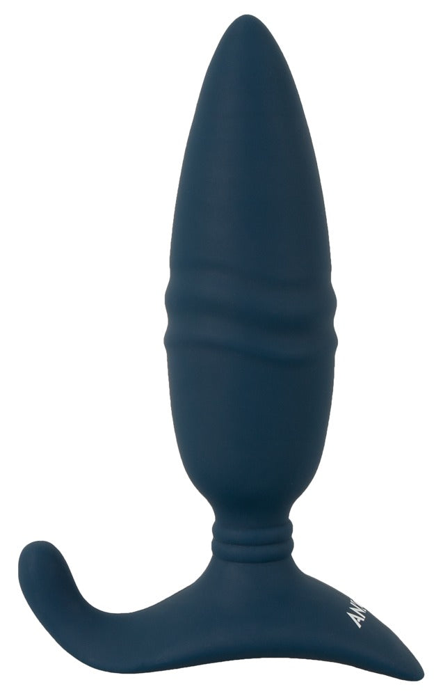 ANOS Thrusting Analplug in Dunkelblau – schräge Produktansicht mit strukturierter Oberfläche, breiter Basis und Außen-Stimulator