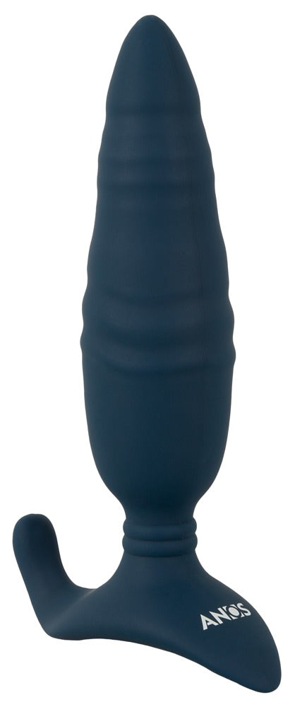ANOS Thrusting Analplug in Dunkelblau – Seitenansicht mit strukturiertem Schaft und seitlich gebogenem Stimulationsarm