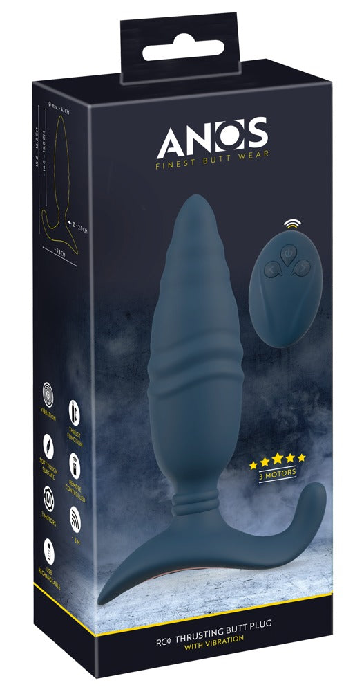 ANOS Thrusting Analplug mit Triple-Stimulation – Produktansicht zusammen mit der schwarzen ANOS Verpackung