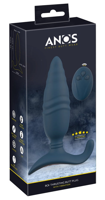 ANOS Thrusting Analplug mit Triple-Stimulation – Produktansicht zusammen mit der schwarzen ANOS Verpackung