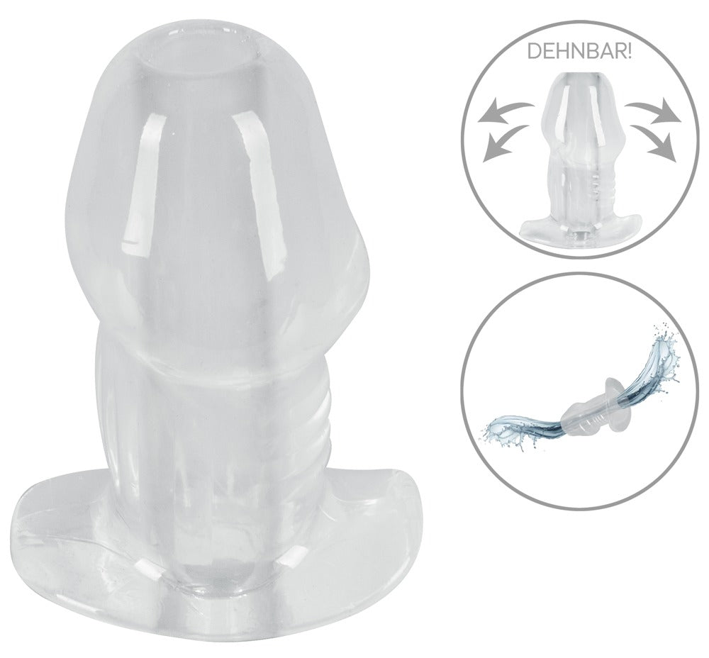 ANOS Tunnel Analplug – transparente Produktansicht mit offenem Kanal, breiter Basis und Detaildarstellungen zu Form und Material