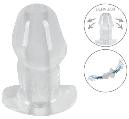 ANOS Tunnel Analplug – transparente Produktansicht mit offenem Kanal, breiter Basis und Detaildarstellungen zu Form und Material