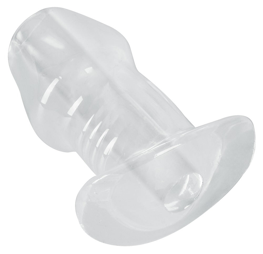 ANOS Tunnel Analplug mit offenem Kanal – schräge transparente Produktansicht mit strukturierter Außenform und breiter Basis