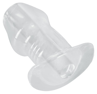 ANOS Tunnel Analplug mit offenem Kanal – schräge transparente Produktansicht mit strukturierter Außenform und breiter Basis