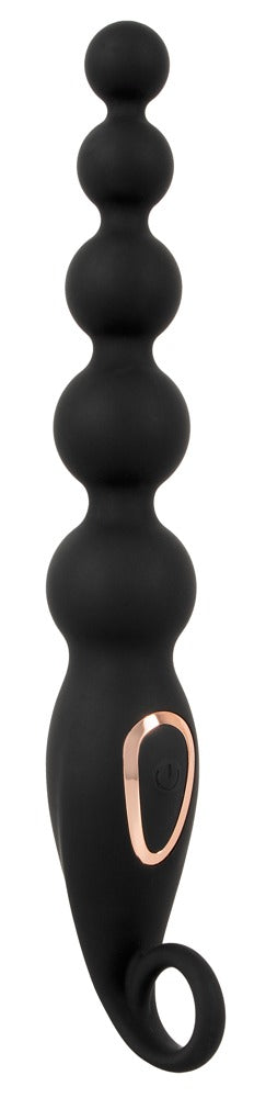 ANOS vibrierende Analperlen in Schwarz – große Produktansicht mit abgestuften Kugeln, flexiblem Kugeldesign, Bedienelement und Ringgriff