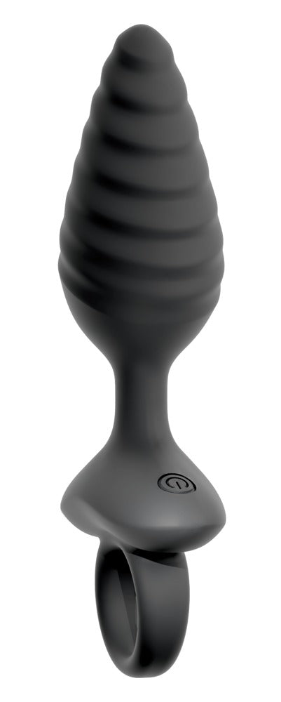 ANOS vibrierender Analplug in Schwarz – Frontansicht mit ausgeprägtem Spiral-Design, breiter Basis und Ringgriff