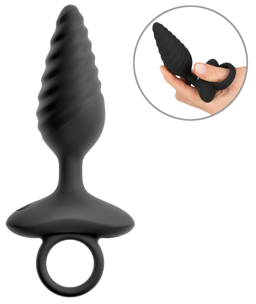 ANOS vibrierender Analplug in Schwarz – große Produktansicht mit Spiral-Design, breiter Basis, Ringgriff und zusätzlicher Detailansicht