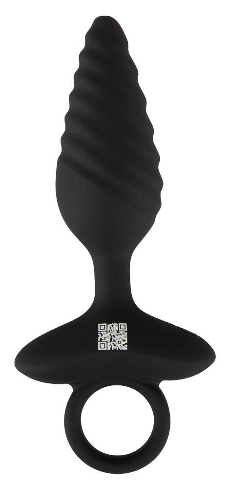 ANOS vibrierender Analplug in Schwarz – Rückansicht mit strukturierter Spiralform, breiter Basis und rundem Ringgriff