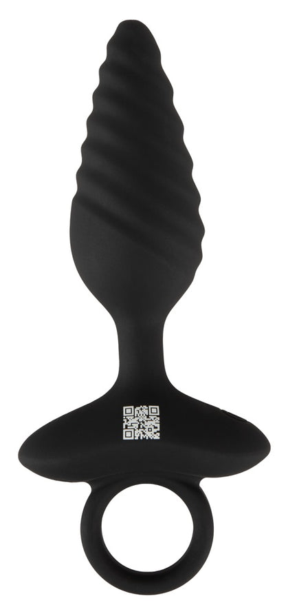 ANOS vibrierender Analplug in Schwarz – Rückansicht mit strukturierter Spiralform, breiter Basis und rundem Ringgriff