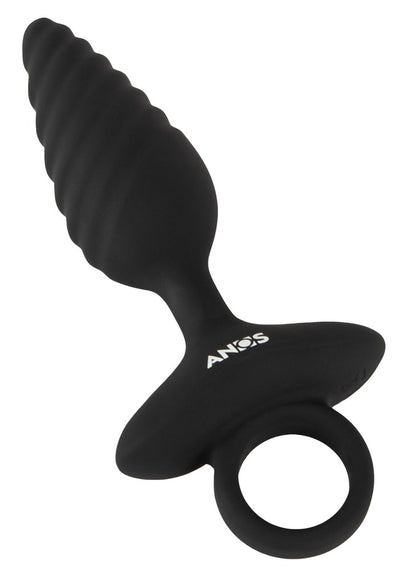 ANOS vibrierender Analplug in Schwarz – schräge Produktansicht mit spiralförmiger Struktur, breiter Basis und Ringgriff
