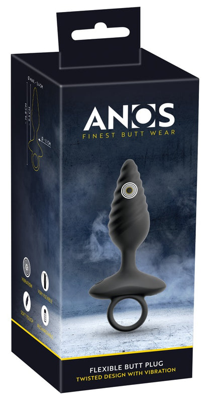 ANOS vibrierender Analplug mit Spiral-Design – Produktansicht zusammen mit der schwarzen ANOS Verpackung