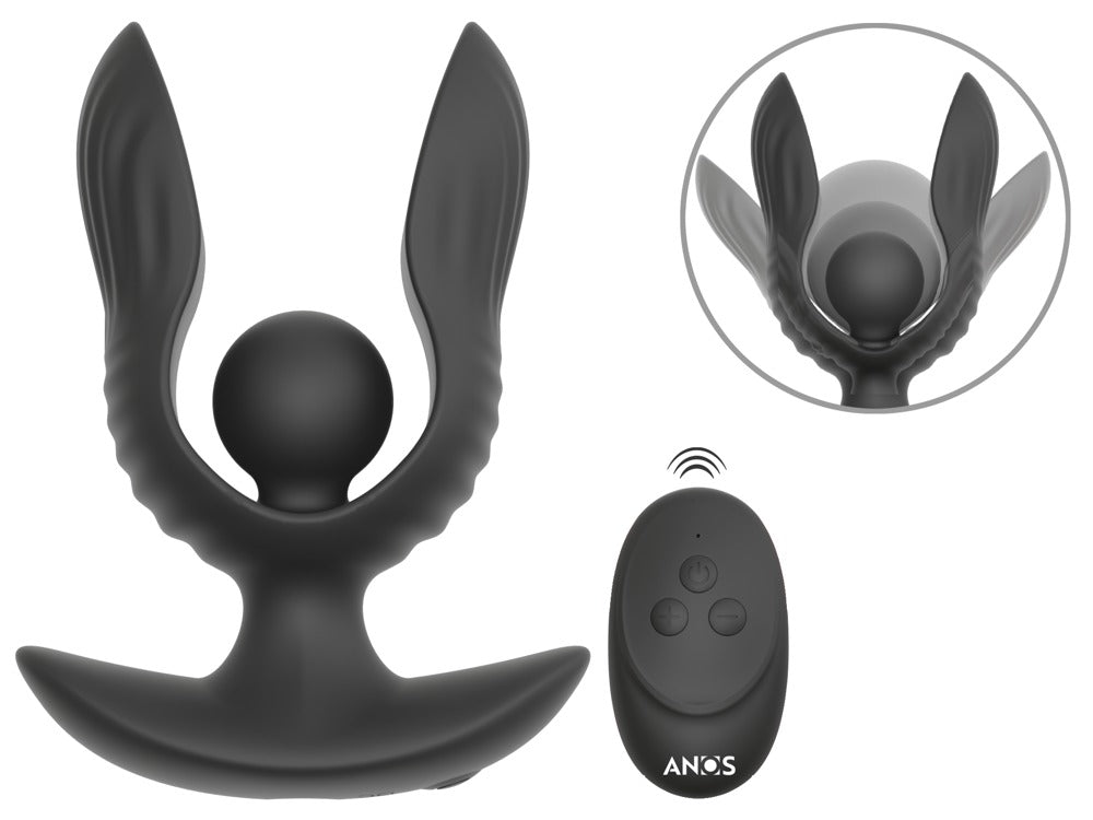 ANOS vibrierender Expander Plug in Schwarz – Produktübersicht mit Fernbedienung, breiter Basis und Detailansicht der Expander-Form