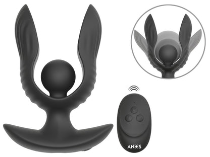 ANOS vibrierender Expander Plug in Schwarz – Produktübersicht mit Fernbedienung, breiter Basis und Detailansicht der Expander-Form