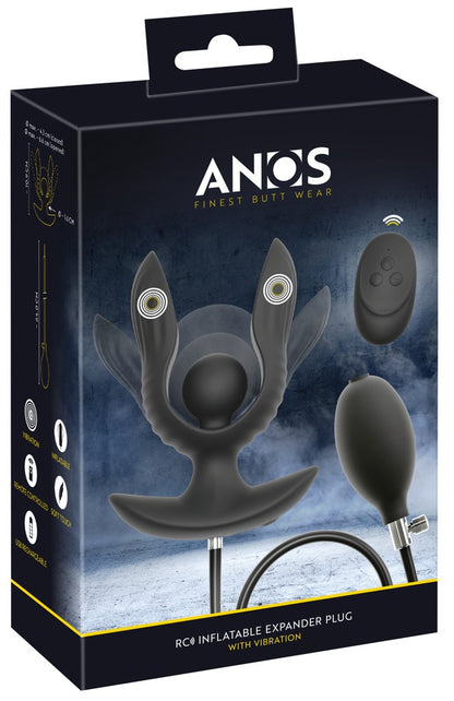 ANOS vibrierender Expander Plug mit Fernbedienung – Produktansicht zusammen mit der schwarzen ANOS Verpackung