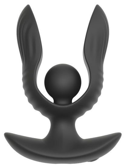 ANOS vibrierender Expander Plug in Schwarz – Frontansicht mit geöffneten Expander-Elementen, zentraler Öffnung und breiter Basis